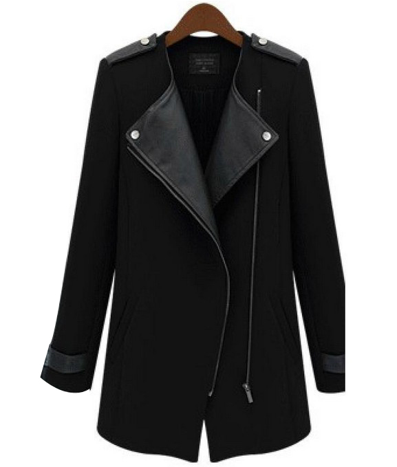 W24045-1 Black Zipper Fastening Long Sleeves Lapel Trench Coat Outerwear